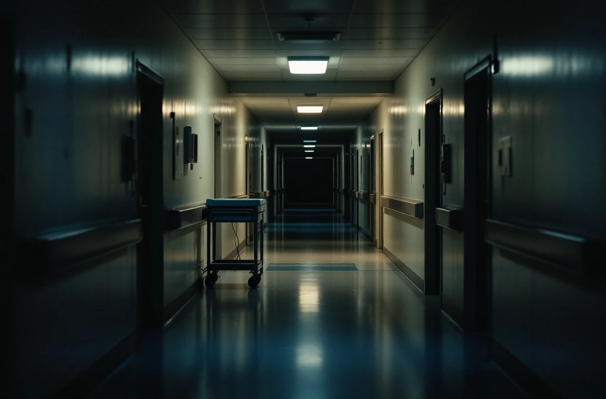 An empty hospital ward corridor at night, lit by low overnight lighting.