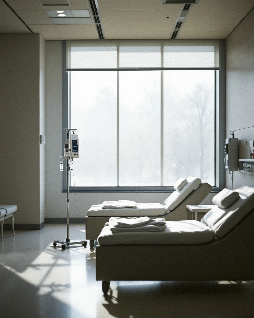 An empty outpatient infusion suite, a row of reclining chairs beside a tall window in morning light.